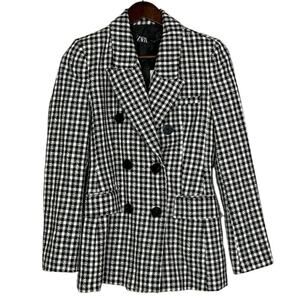 NWT Zara Textured Houndstooth Double Breast Classic Blazer Lined XS Black White
